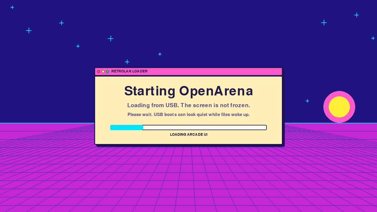RetroLAN loading screen saying Starting OpenArena with a progress bar and not frozen message.