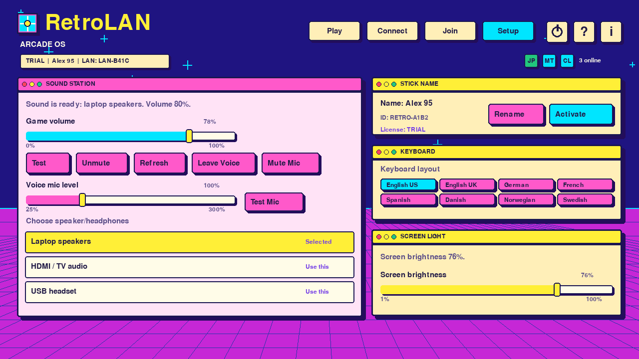 RetroLAN setup screen with sound controls, stick name, license status, and Activate button.